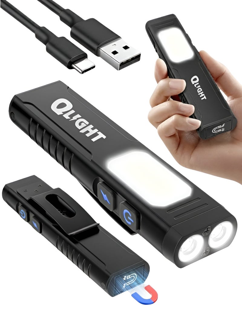 QLIGHT LED EDC Flashlight Rechargeable Aluminum Alloy with Side Light COB Mini Flashlights with Clip, Magnetic Foot, 7 Modes, USB C Cable Flash light for Camping, Emergency, Tool - Image 1